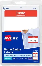 Avery Customizable Name Tags, Hello My Name Is, White, Red Border, Removable Adh