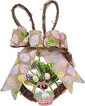 WeiLaiKeQi Easter Bunny Spring Wreath Artificial Floral Wreath Bunny Head Wooden Bead Wreath