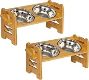 Adjustable Bamboo Pet Feeder Stand 2PCS with Stainless Steel Bowls, Anti-Slip Base & 15° Tilt Angle for Dogs Cats 6-Level Height/Angle Food Bowl Holder, Easy Clean Dog Cat Feeding Station