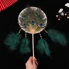Chic Peacock Feather Round Fan Unique Antiquity Wedding Bride Hand Fan Decor-s