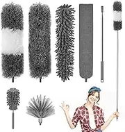 HOXHA 7 Pcs Feather Duster Set with 4 Brush Head 2.5 Meters' Extra Long Extension Pole, Bendable Extendable Duster for Cleaning High Ceiling, Ceiling Fan, Blinds, Cobwebs, Furniture, Cars