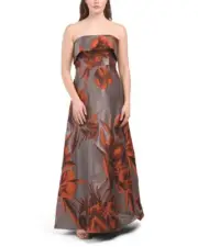 AIDAN MATTOX Floral Jacquard Strapless Popover Bodice Gown