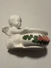 Vintage Ceramic Bloom Rite Cherub & Rose Planter, White W/ Pink & Green Flowers