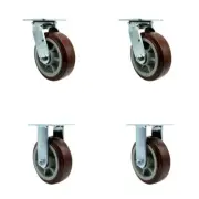 6 Inch Polyurethane Caster Set with Ball Bearing 2 Swivel 2 Rigid Service Caster