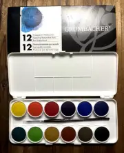 NIB Grumbacher Transparent Watercolor Set of 12 Colors & Red Sable Brush