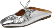 [SoraBra] Women's Wrinkled Leather Lace Up Flat Mules Fashion Closed Square Toe Slip-On Slingback Ballet Flats Comfortable Casual Dressy Date Office Work Shoes, Silver, 7.5