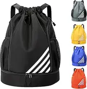 Tokeya Gym Bag Drawstring Men Women Sports Bag Waterproof Backpack with Shoe Compartment Football Bag for Travel Swimming Fitness Basketball, Black, Backpack
