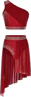 [Loodgao] 2 Pcs Lyrical Dance Costumes for Womens Overlay Rhinestones Crop Top with Irregular Hem Skirt