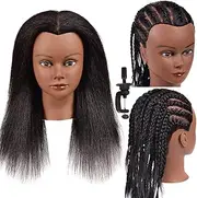 100% Real Hair Mannequin Head for Hairdresser Training - Cosmetology Doll With Yaki Hair for Styling and Braiding Practice - Afro Manikin