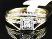 Ladies 10K Yellow Gold Solitaire Princess Diamond Engagement Wedding Ring Set