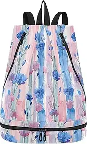 Yoogain Blue Bellflower Pink Light Blue Stripes Watercolor Drawstring swim bags sturdy string back pack with Wet Dry Compartments, Blue Bellflower Pink Light Blue Stripes Watercolor, 1 size