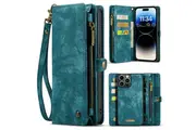 CaseMe For Apple iPhone 14 Pro Zipper & Detachable Retro Leather Pouch Wallet Flip Purse Bag Detachable Phone Case Cover (Sky Blue)