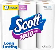 Scott 1000 Toilet Paper 1-Ply Septic Safe 18 Rolls Bath Tissue Clean