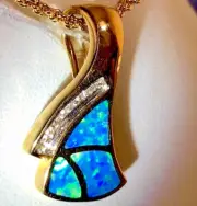 GIA Gorgeous Glowing Blue Opal 14k gold Slide Pendant Necklace Diamond VIDEO