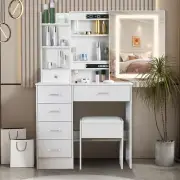 Makeup Vanity Desk & Stool with Sliding LED Mirror Dressing Table with 6 Drawers