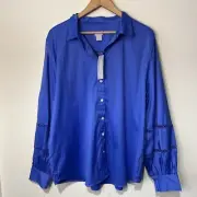 Chicos 4 US 20/22 Blue Button Down Poplin Inset trim Billow SLV Casual Top New