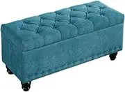 Nordic Storage Stool Entryway Change Shoe Bench Ottoman Footstool Solid Wood Legs Bedroom Sofa Stool Bed End Stool Comfortable and Durable(Lake Blue,80x40x45cm)