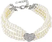 4 Rows Dog Cat Pearls Necklace Bling Rhinestone Heart Decor Collar Necklace Pet Puppy Jewelry Accessories (White, 30CM)