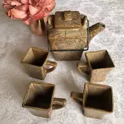 Pier 1 One Ceramic Canyon Stoneware Tea Set Teapot & 4 Square Cups Tan Brown