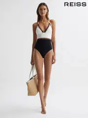 Reiss White/Tan Ray Colourblock Halter Swimsuit (N42255) | $195