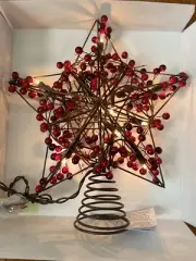 Rustic Twig Christmas Tree Topper Star w/ Berries Natural Wicker Rattan Light