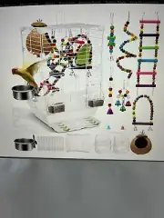 Parrot Starter Kit 17.7” Bird Cage, Toys, Bowls, Seed Catcher, Nest Hut, Liner
