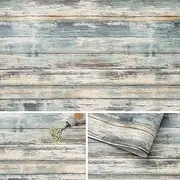 Arthome Blue Rustic Wood Paper 43.5x305cm Self-Adhesive Removable Wood Peel and Stick Wallpaper Vintage Wall Covering for Furniture Surfaces Easy to Clean Wooden Grain Paper
