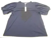 Chicos Top Shirt Buff Sleeve Knit Pattern Leaf Navy Blue XL NWT!
