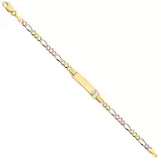 14K Tri Tone Gold 6"Inch Figaro Chain Child Kid Baby Virgin Mary ID Bracelet