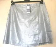 $248 BNWT EILEEN FISHER Glimmer Linen Stretch SILVER Gray Faux Wrap Skirt SMALL