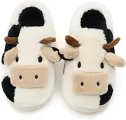 [Boonble] Cute Plush Cow Slippers for Women Men Girls, Kawaii Fluffy Fuzzy and Cozy Cotton Slippers for Indoor Outdoor Spring Autumn Winter, Soft Warm House Shoes