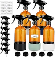 ZENOWICK 5 Pack/16 Oz Glass Spray Bottles, Refillable Empty Containers with Silicone Sleeve, Upgraded Adjustable Nozzle Spray Bottle Sets for Cleaning, Essential Oils, Hair (Amber)