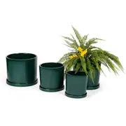 4pc Cylindrical Pot Planter w/ Saucer Plant Container Set Garden Decor Green