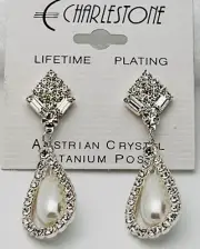 Vintage Charlestone Silver Tone Faux Pearl 70 Crystal Titanium Post Earrings