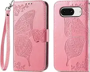 Flip Folio Kickstand PU Leather Case with Card Holder Wristlet Hand Strap, Stand Protective Cover for Google Pixel 8 6.2'' Phone Cases (Pink, Google Pixel 8)