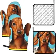 4 pcs Oven Mitts and Pot Holders Set 500°F Heat Resistant Oven Gloves and Hot Pads Kitchen Mittens Dachshund Dog Cooking Gloves Potholders for Baking Grilling