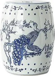 Ceramic Drum Table Decorative Garden stools, Decorative Ceramic Garden Stool, Glazed Hollow Peacock Cyanotype Porcelain Shoe Changing Stool Drum Stool, Suitable for Outdoor Garden,