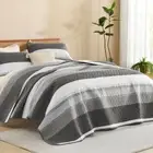 Quilt Queen Size Dark Grey, Stripe Patchwork Summer Bedspread Coverlet 3 Piec...