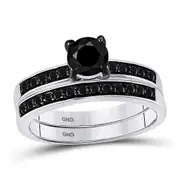 14k White Gold Round Black Diamond Bridal Wedding Ring Set 1 Cttw