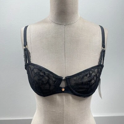 Chantelle Bra Women 32B Black Underwire Sheer Lace Segur Unlined Satin Trim