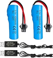 Fytoo 2PCS 3.7V 1200mAh Li ion Battery SM-2P Plug with USB Charger Suitable for Double-Sided Remote Control Stunt Truck RC Car DE68 DE44 DE45 DE58 DE49 DE57 DE70 Toy Car Battery