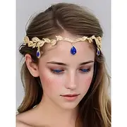 Gold Leaf Headpiece with Blue Gemstone Drops – Vintage Bohemian Tiara for Women, Perfect for Weddings, Renaissance Fairs and Cosplay