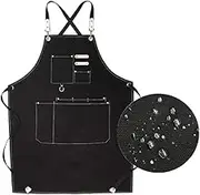 Waterproof Durable Tool Apron – Waxed Thick Oil-resistant Canvas Smock with 7 Pockets and Tape Measure Holder Cross-Back Leather Straps for Barber Workshop Garden Woodworking Crafting Painting Black
