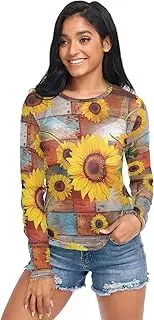 [ODAWA] Sunflowers Rustic Wooden Long Sleeve Sheer Blouse Mesh Crop Tops for Women Girls