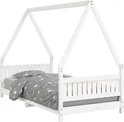 'vidaXL Kids Bed Frame- Solid Wood Pine Construction, White, House Shape Design, Sturdy Slats for Support, Low to Ground – 90x190 cm Size