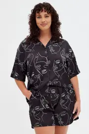 Black Print Button Pyjama Abstract Print Satin Pj Set