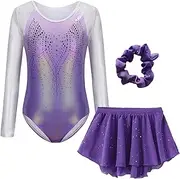 [KEOYA] Girls Gymnastics Leotards Sparkly Unitards Athletic Tumbling Outfit with Skirt Scrunchie Combo