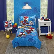 Disney Marvel Spidey and his Amazing Friends Spidey Team Red, White, and Blue 4 Piece Toddler Bed Set - Comforter, Fitted Bottom Sheet, Flat Top Sheet, and Reversible Pillowcase, (4751416P)