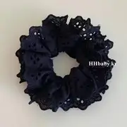 Plain Eyelet Lace Scrunchie / Bow Hair Clip Scrunchie - Black - One Size