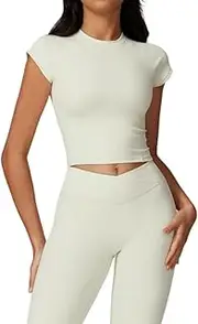 [FUNSEED] Women's Baselayers Casual Tight Short Sleeve Fitness Sports Underwear Top, White/Opulent Garden, S